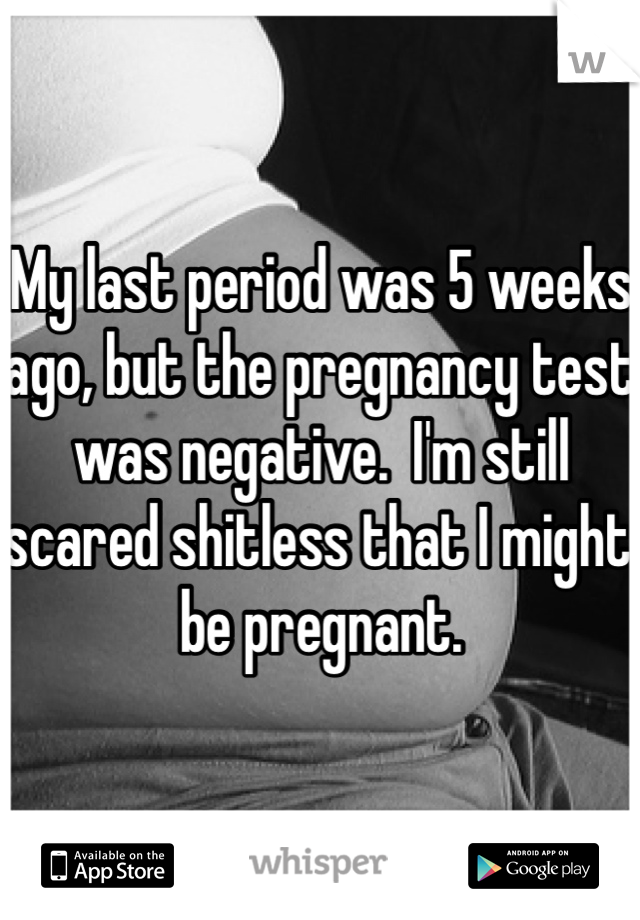My last period was 5 weeks ago, but the pregnancy test was negative.  I'm still scared shitless that I might be pregnant.