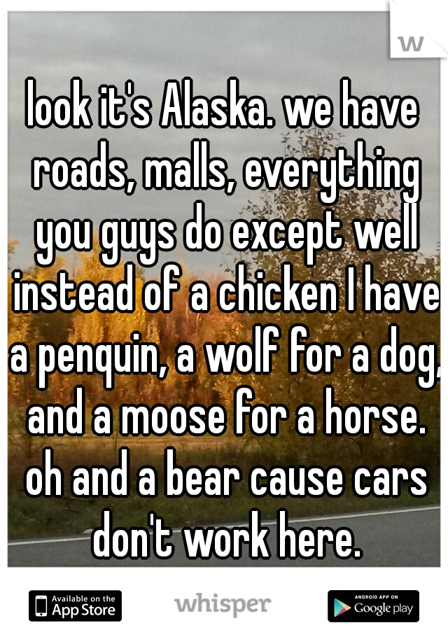 look it's Alaska. we have roads, malls, everything you guys do except well instead of a chicken I have a penquin, a wolf for a dog, and a moose for a horse. oh and a bear cause cars don't work here.