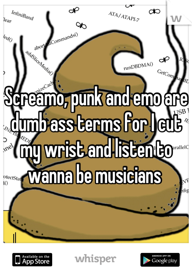 Screamo, punk and emo are dumb ass terms for I cut my wrist and listen to wanna be musicians 