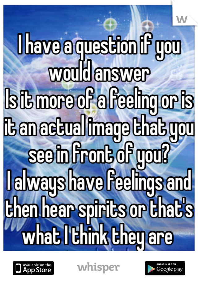 I have a question if you would answer
Is it more of a feeling or is it an actual image that you see in front of you?
I always have feelings and then hear spirits or that's what I think they are 