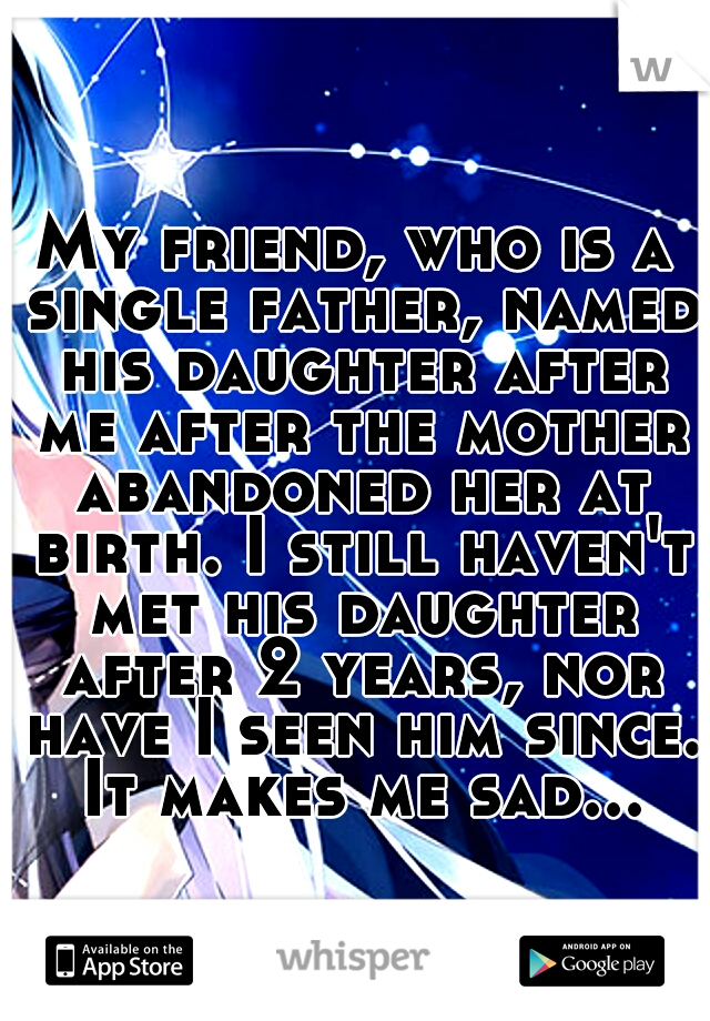 My friend, who is a single father, named his daughter after me after the mother abandoned her at birth. I still haven't met his daughter after 2 years, nor have I seen him since. It makes me sad...