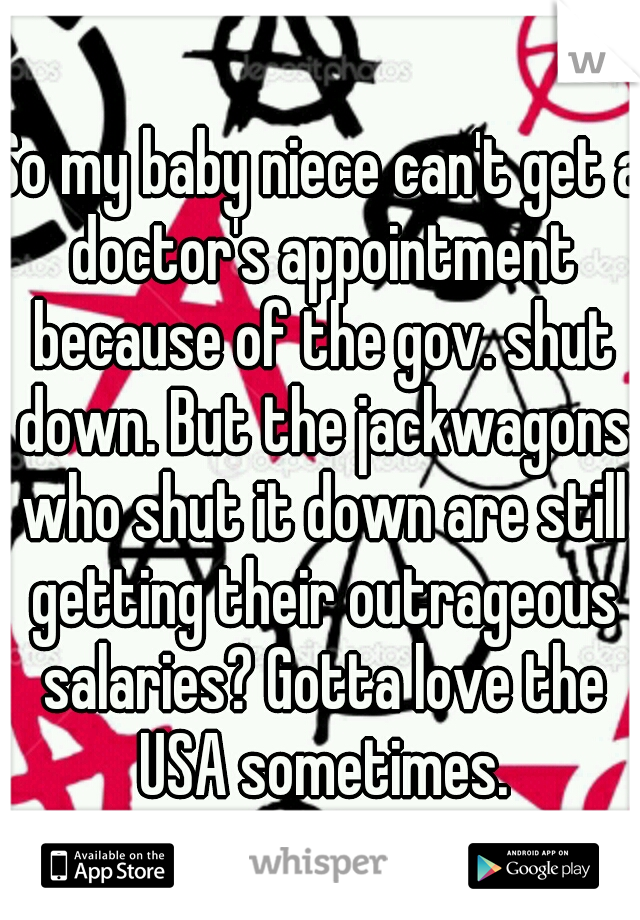 So my baby niece can't get a doctor's appointment because of the gov. shut down. But the jackwagons who shut it down are still getting their outrageous salaries? Gotta love the USA sometimes.