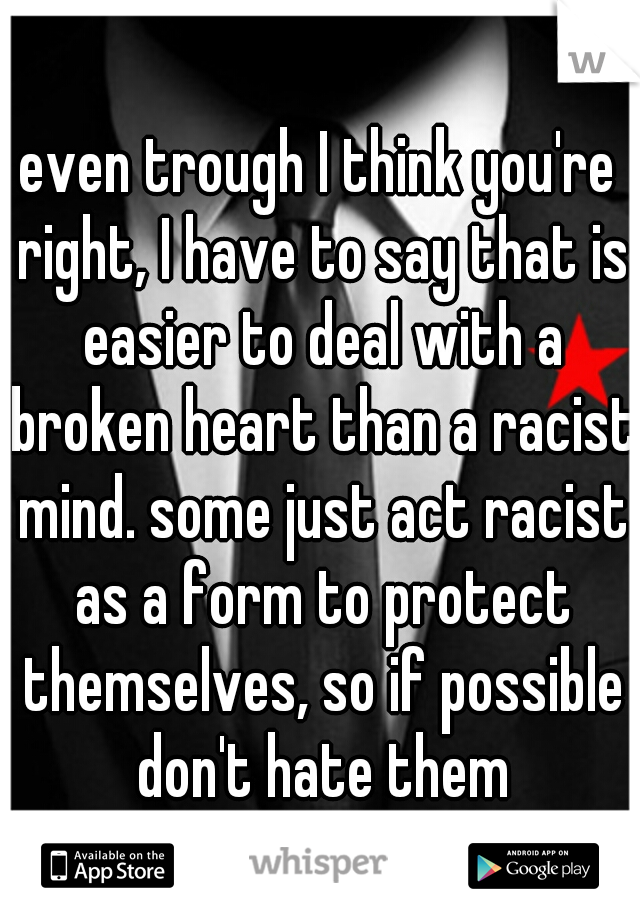 even trough I think you're right, I have to say that is easier to deal with a broken heart than a racist mind. some just act racist as a form to protect themselves, so if possible don't hate them