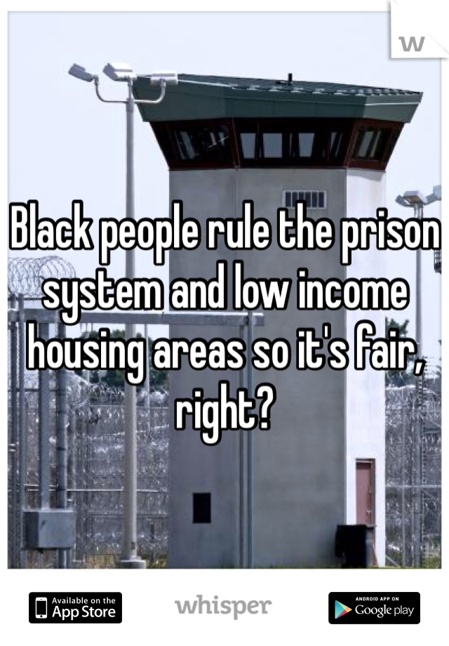 Black people rule the prison system and low income housing areas so it's fair,  right?