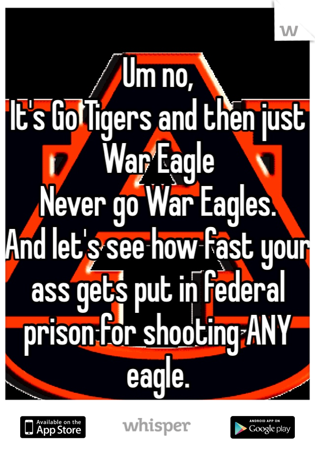 Um no,
It's Go Tigers and then just War Eagle
Never go War Eagles. 
And let's see how fast your ass gets put in federal prison for shooting ANY eagle. 