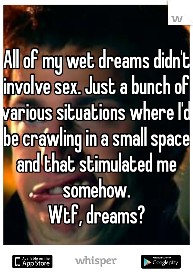 All of my wet dreams didn't involve sex. Just a bunch of various situations where I'd be crawling in a small space and that stimulated me somehow. 
Wtf, dreams?