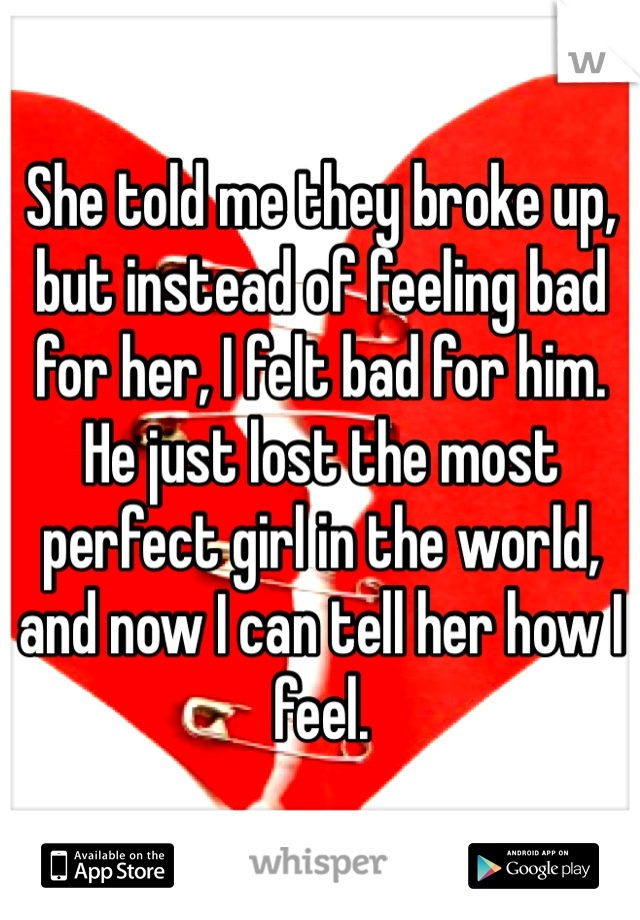 She told me they broke up, but instead of feeling bad for her, I felt bad for him. He just lost the most perfect girl in the world, and now I can tell her how I feel.