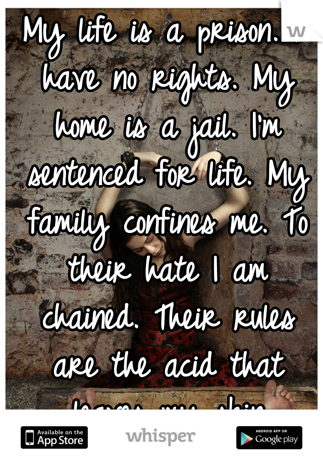 My life is a prison. I have no rights. My home is a jail. I'm sentenced for life. My family confines me. To their hate I am chained. Their rules are the acid that leaves my skin stained...