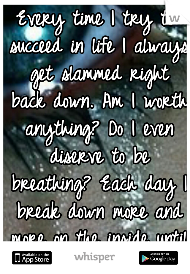 Every time I try to succeed in life I always get slammed right back down.
Am I worth anything?
Do I even diserve to be breathing?
Each day I break down more and more on the inside until i cry :'(