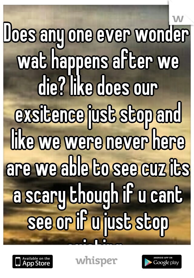 Does any one ever wonder wat happens after we die? like does our exsitence just stop and like we were never here are we able to see cuz its a scary though if u cant see or if u just stop existing. 