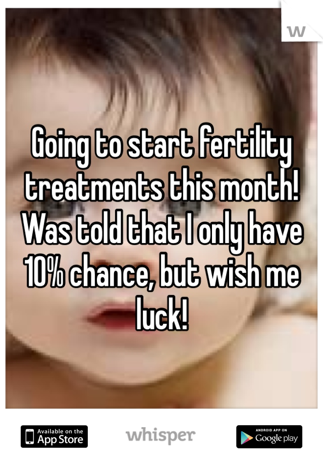 Going to start fertility treatments this month! Was told that I only have 10% chance, but wish me luck!