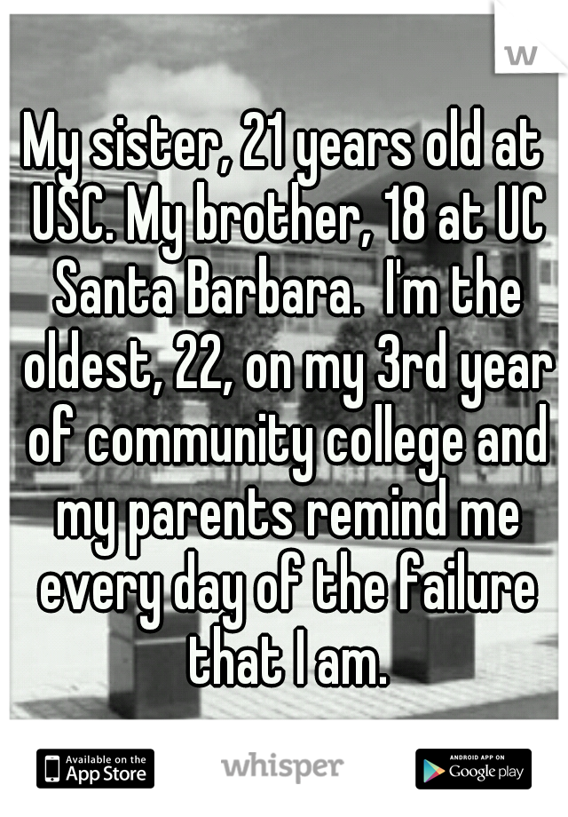My sister, 21 years old at USC. My brother, 18 at UC Santa Barbara.  I'm the oldest, 22, on my 3rd year of community college and my parents remind me every day of the failure that I am.