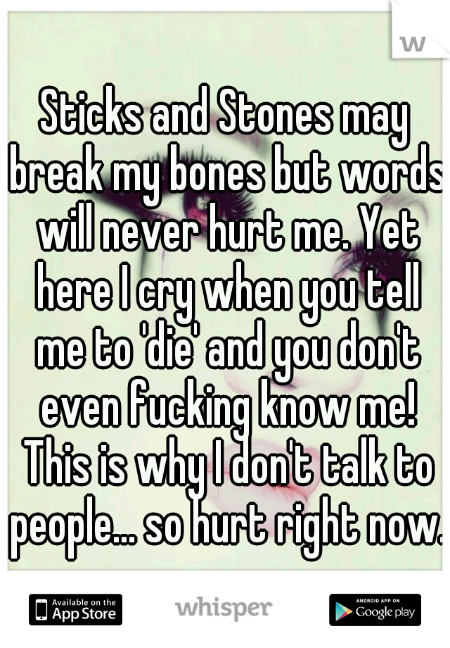 Sticks and Stones may break my bones but words will never hurt me. Yet here I cry when you tell me to 'die' and you don't even fucking know me! This is why I don't talk to people... so hurt right now.