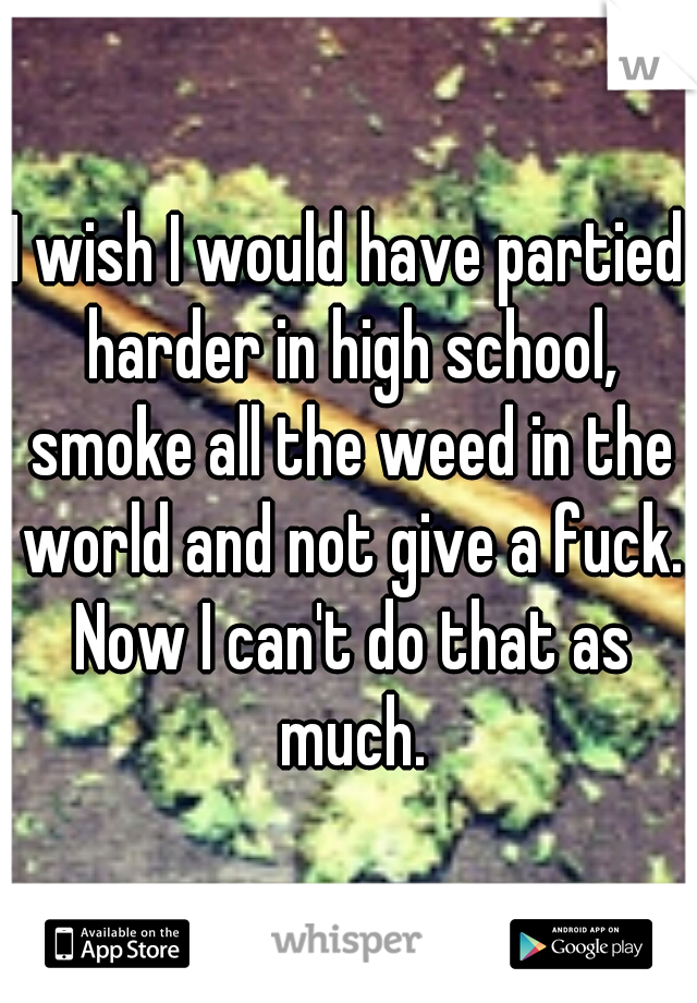 I wish I would have partied harder in high school, smoke all the weed in the world and not give a fuck. Now I can't do that as much.