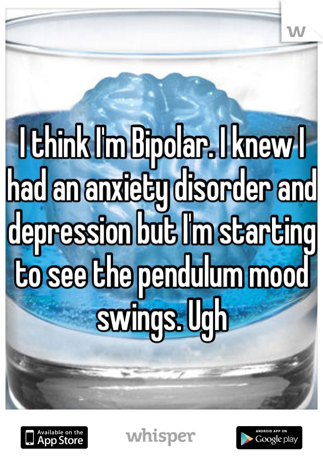 I think I'm Bipolar. I knew I had an anxiety disorder and depression but I'm starting to see the pendulum mood swings. Ugh