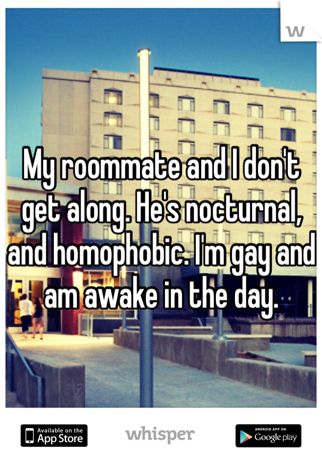 My roommate and I don't get along. He's nocturnal, and homophobic. I'm gay and am awake in the day.