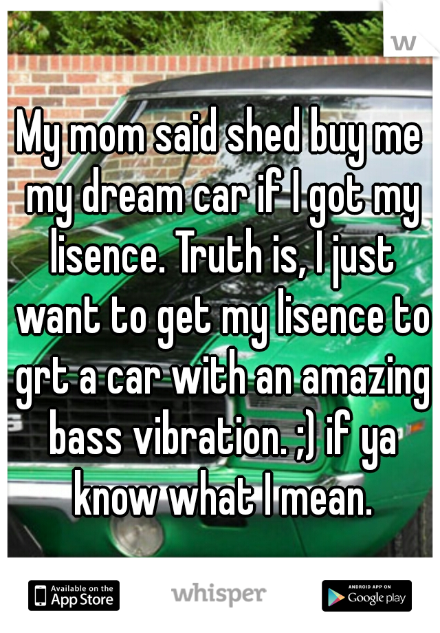 My mom said shed buy me my dream car if I got my lisence. Truth is, I just want to get my lisence to grt a car with an amazing bass vibration. ;) if ya know what I mean.