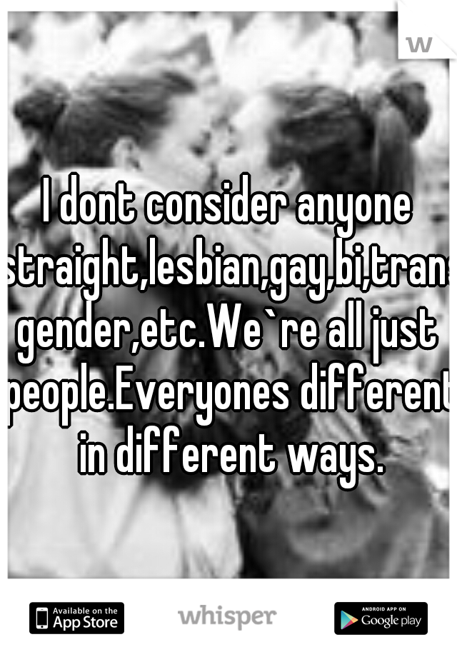 I dont consider anyone straight,lesbian,gay,bi,transgender,etc.We`re all just people.Everyones different in different ways.
