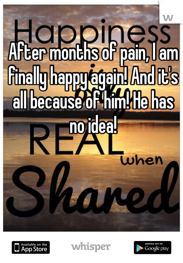 After months of pain, I am finally happy again! And it's all because of him! He has no idea!