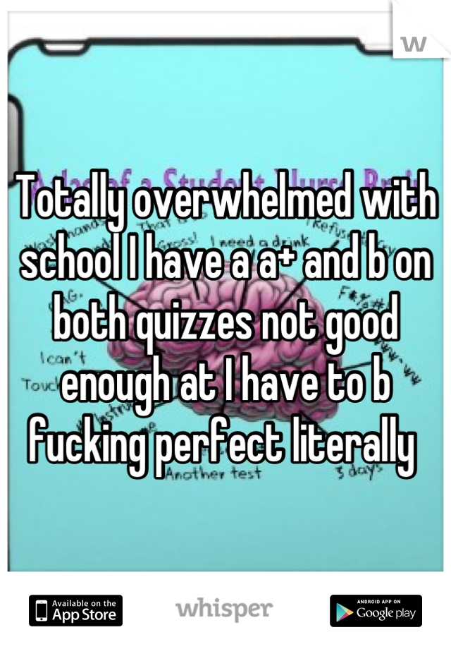Totally overwhelmed with school I have a a+ and b on both quizzes not good enough at I have to b fucking perfect literally 
