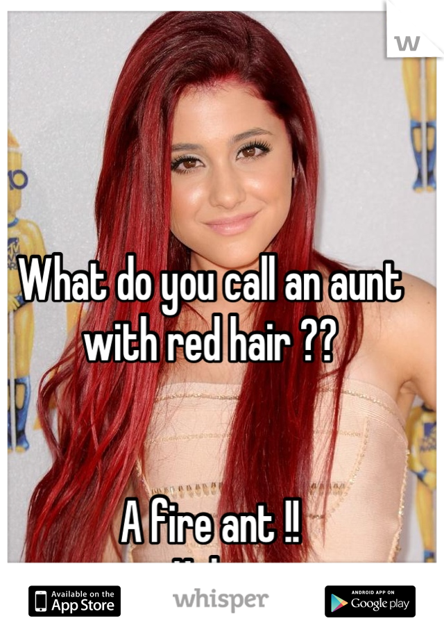 What do you call an aunt with red hair ??


A fire ant !!
Haha