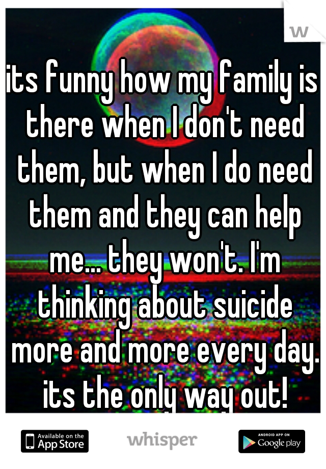its funny how my family is there when I don't need them, but when I do need them and they can help me... they won't. I'm thinking about suicide more and more every day. its the only way out!