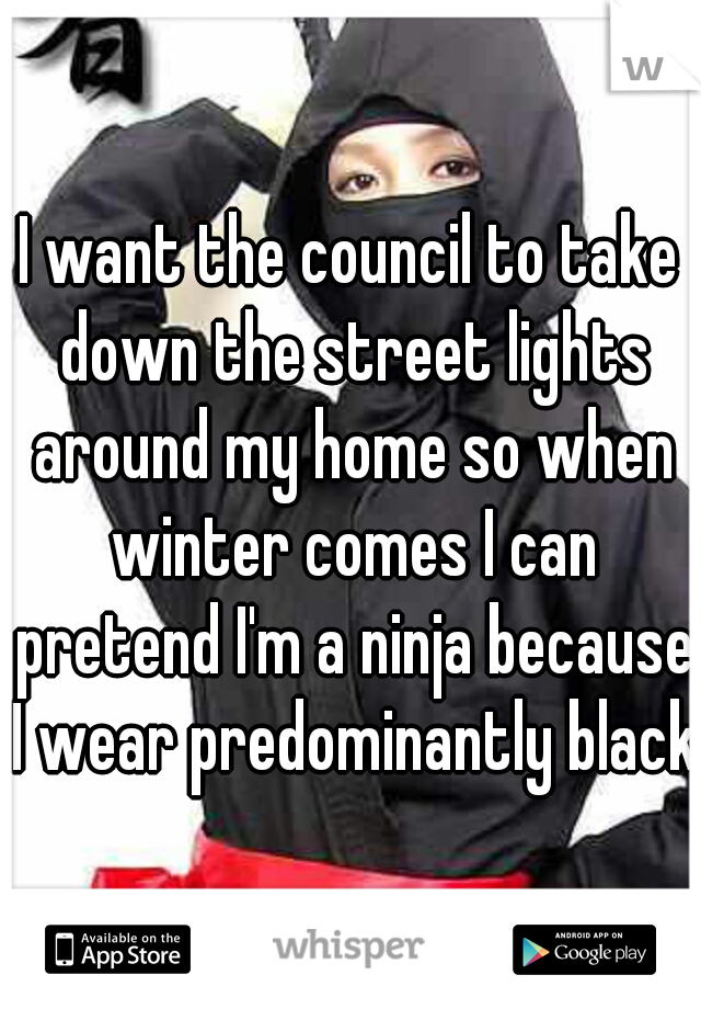 I want the council to take down the street lights around my home so when winter comes I can pretend I'm a ninja because I wear predominantly black 