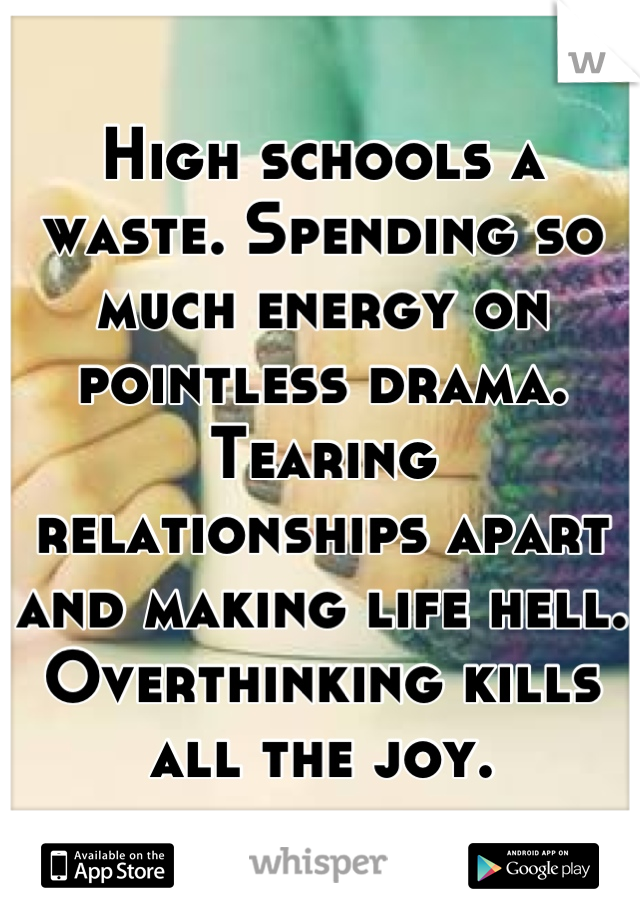 High schools a waste. Spending so much energy on pointless drama. Tearing relationships apart and making life hell. Overthinking kills all the joy.
