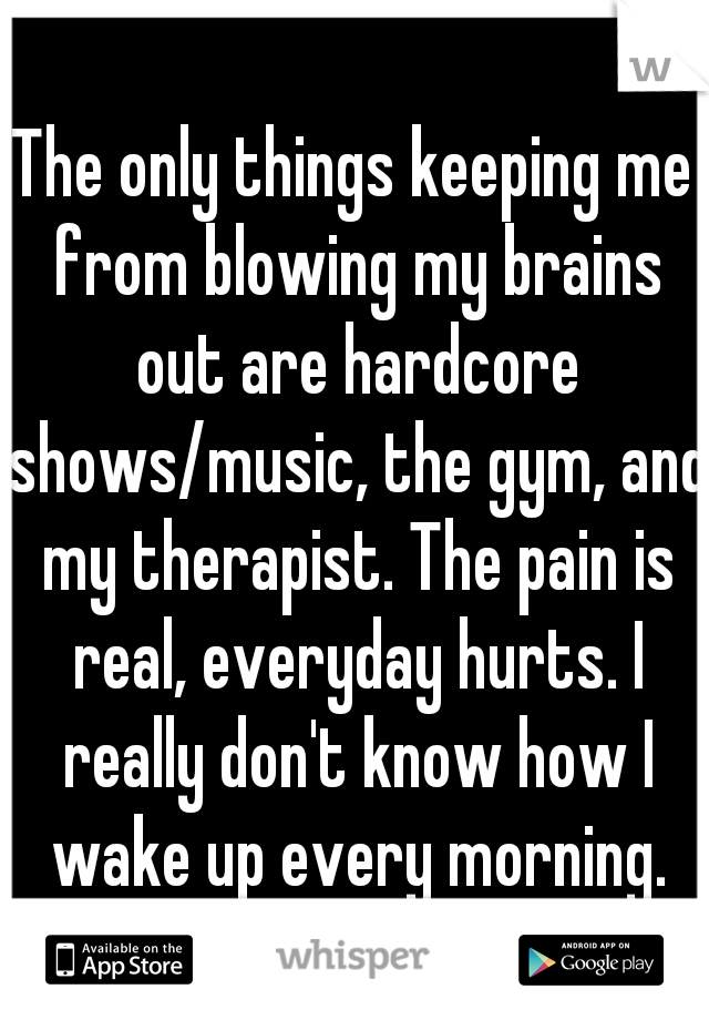 The only things keeping me from blowing my brains out are hardcore shows/music, the gym, and my therapist. The pain is real, everyday hurts. I really don't know how I wake up every morning.