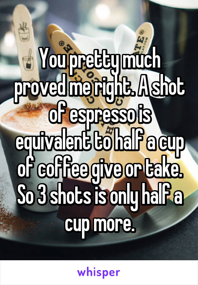 You pretty much proved me right. A shot of espresso is equivalent to half a cup of coffee give or take. So 3 shots is only half a cup more.