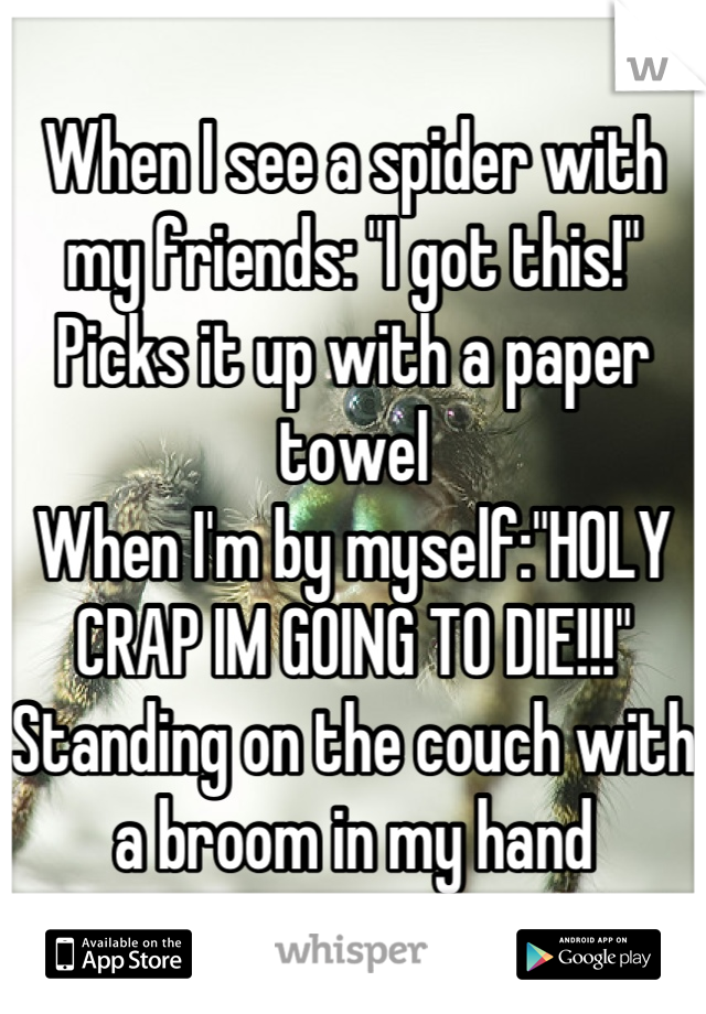 When I see a spider with my friends: "I got this!" Picks it up with a paper towel
When I'm by myself:"HOLY CRAP IM GOING TO DIE!!!" Standing on the couch with a broom in my hand