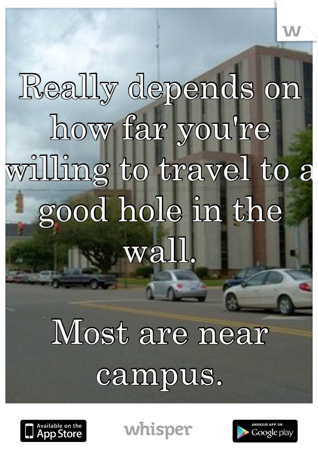 Really depends on how far you're willing to travel to a good hole in the wall. 

Most are near campus. 