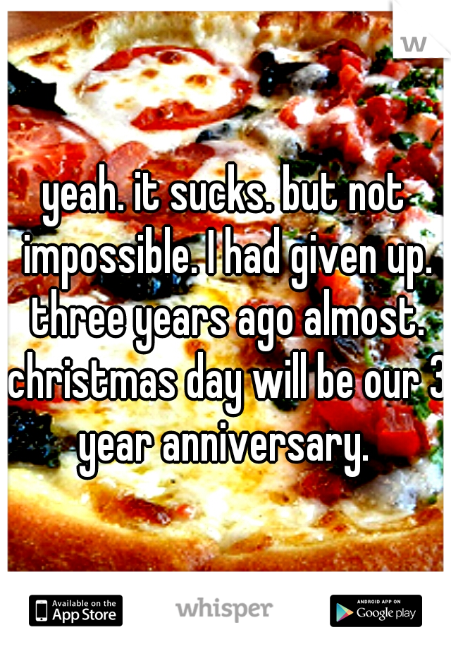 yeah. it sucks. but not impossible. I had given up. three years ago almost. christmas day will be our 3 year anniversary. 