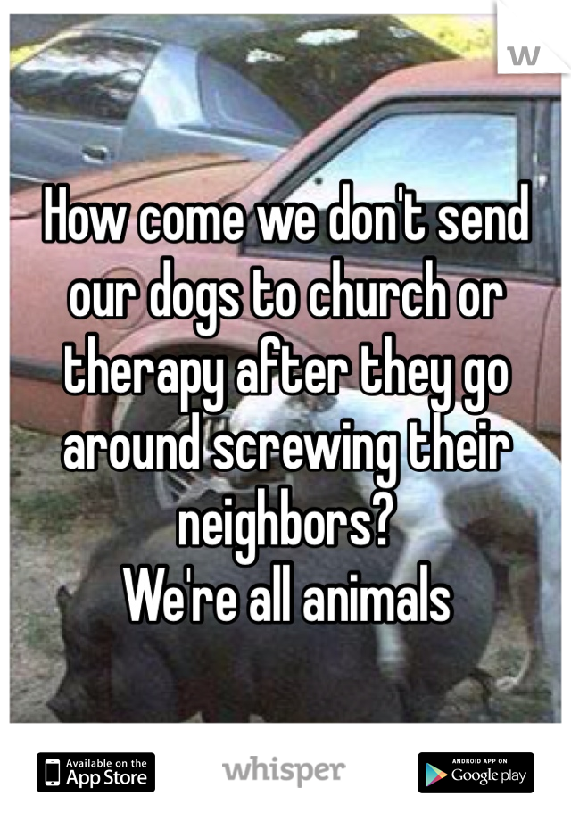 How come we don't send our dogs to church or therapy after they go around screwing their neighbors?
We're all animals 