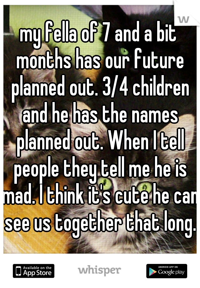 my fella of 7 and a bit months has our future planned out. 3/4 children and he has the names planned out. When I tell people they tell me he is mad. I think it's cute he can see us together that long.
