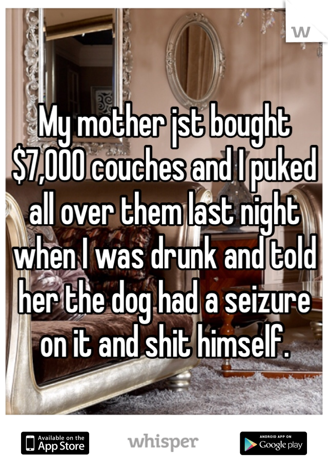 My mother jst bought $7,000 couches and I puked all over them last night when I was drunk and told her the dog had a seizure on it and shit himself. 