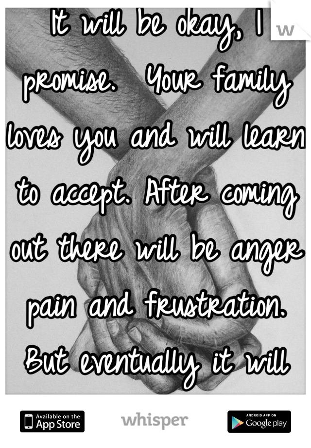 It will be okay, I promise.  Your family loves you and will learn to accept. After coming out there will be anger pain and frustration. But eventually it will work out. :)