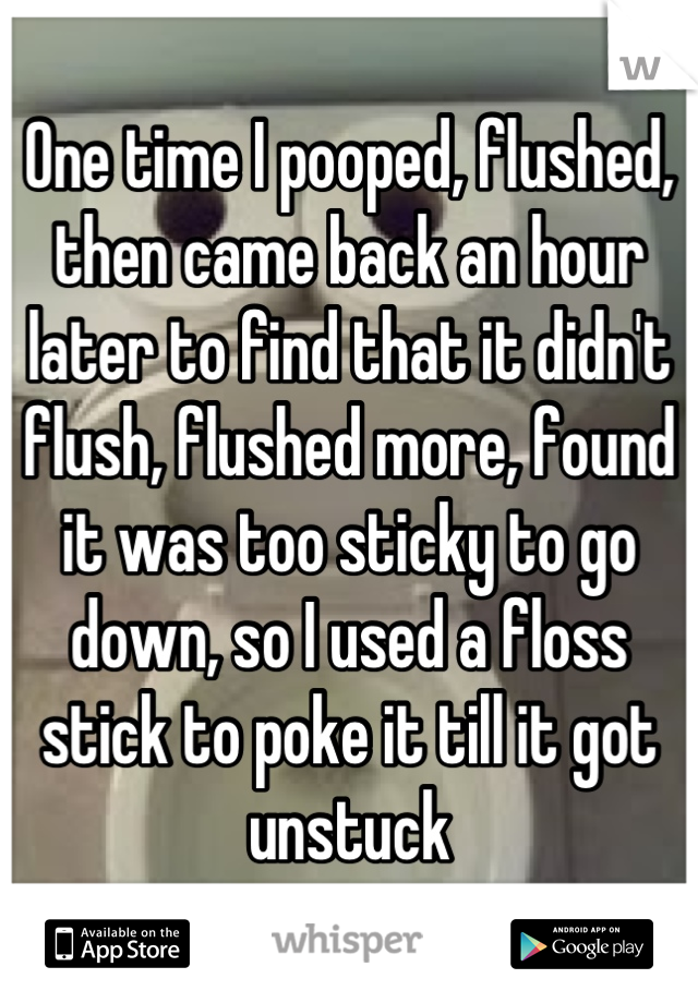 One time I pooped, flushed, then came back an hour later to find that it didn't flush, flushed more, found it was too sticky to go down, so I used a floss stick to poke it till it got unstuck
