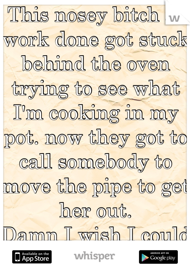 This nosey bitch at work done got stuck behind the oven trying to see what I'm cooking in my pot. now they got to call somebody to move the pipe to get her out.
Damn I wish I could get a picture this. 