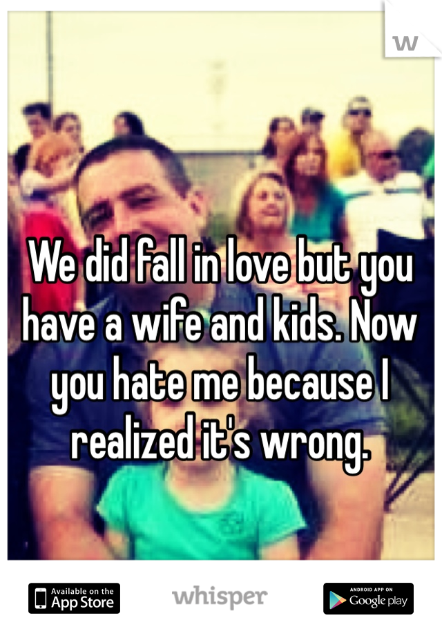 We did fall in love but you have a wife and kids. Now you hate me because I realized it's wrong.