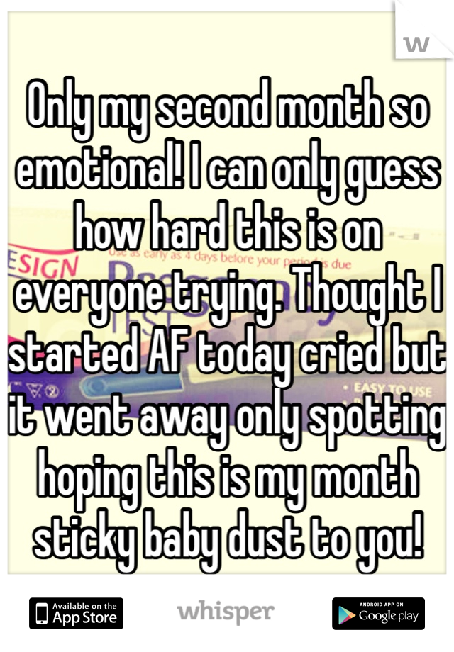 Only my second month so emotional! I can only guess how hard this is on everyone trying. Thought I started AF today cried but it went away only spotting hoping this is my month sticky baby dust to you!