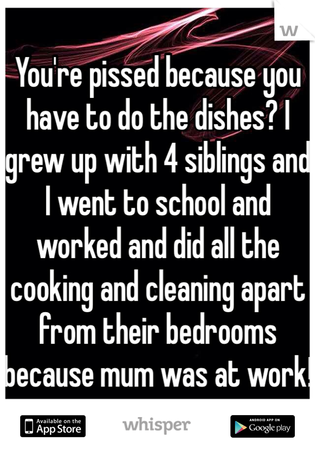 You're pissed because you have to do the dishes? I grew up with 4 siblings and I went to school and worked and did all the cooking and cleaning apart from their bedrooms because mum was at work!