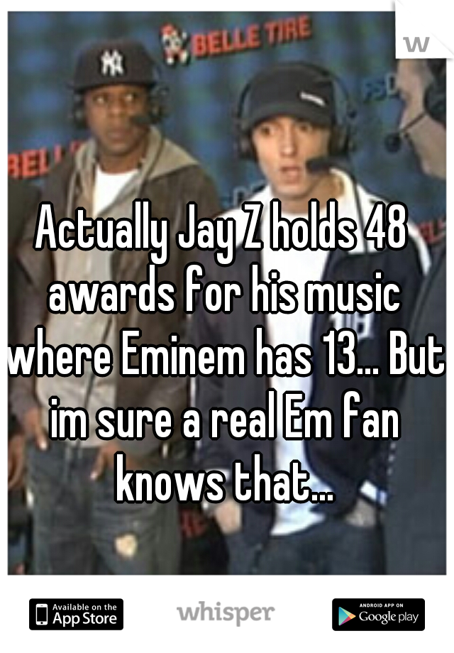 Actually Jay Z holds 48 awards for his music where Eminem has 13... But im sure a real Em fan knows that...