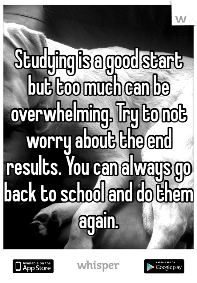 Studying is a good start but too much can be overwhelming. Try to not worry about the end results. You can always go back to school and do them again. 