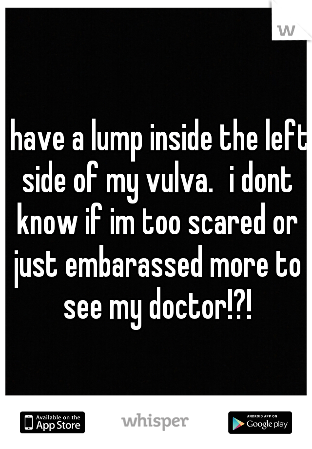 i have a lump inside the left side of my vulva.
i dont know if im too scared or just embarassed more to see my doctor!?!