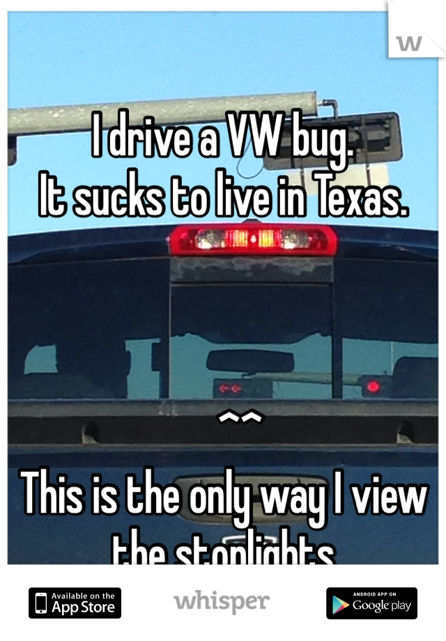 I drive a VW bug.
It sucks to live in Texas.



    ^^
This is the only way I view the stoplights 