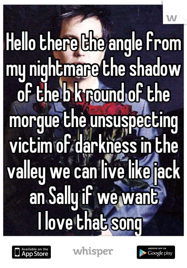 Hello there the angle from my nightmare the shadow of the b k round of the morgue the unsuspecting victim of darkness in the valley we can live like jack an Sally if we want
I love that song  