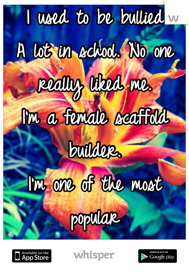 I used to be bullied 
A lot in school. No one really liked me. 
I'm a female scaffold builder. 
I'm one of the most popular
People in the plant.