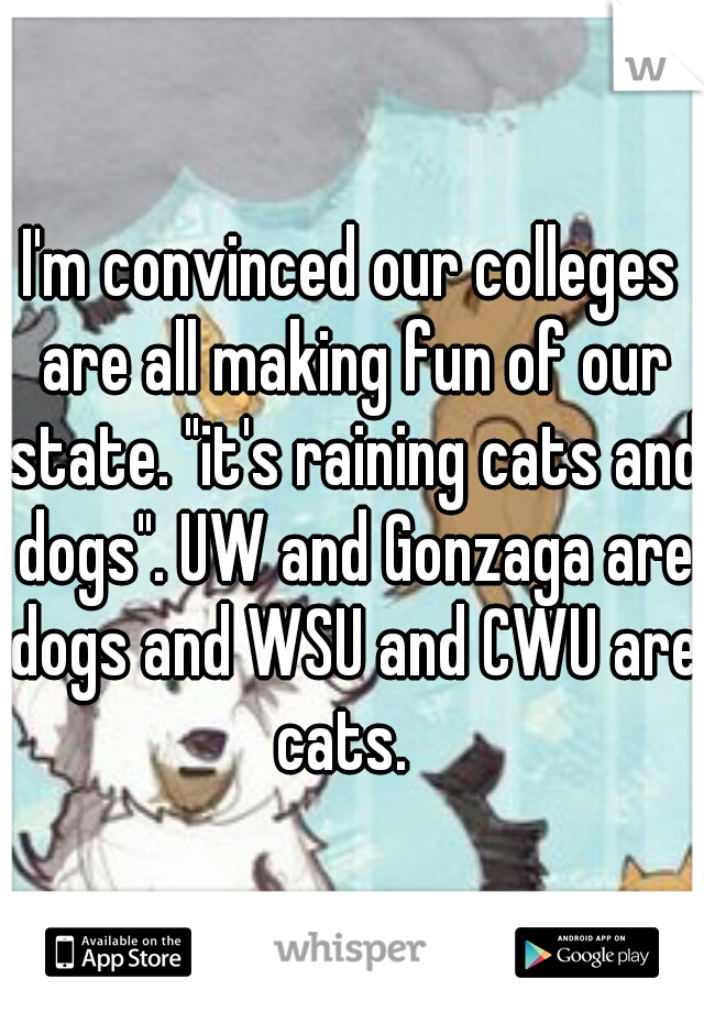 I'm convinced our colleges are all making fun of our state. "it's raining cats and dogs". UW and Gonzaga are dogs and WSU and CWU are cats.  