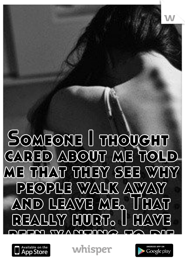 Someone I thought cared about me told me that they see why people walk away and leave me. That really hurt. I have been wanting to die since. 